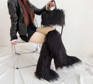 Women Fashion Color Faux Fur Knee High Boots Purse Set
