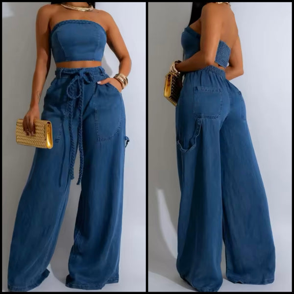 Women Sexy Strapless Two Piece Denim Tie Up Wide Leg Pant Set