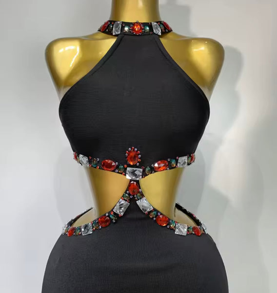 Women Sleeveless Black Color Crystal Sexy Cut Out Maxi Dress