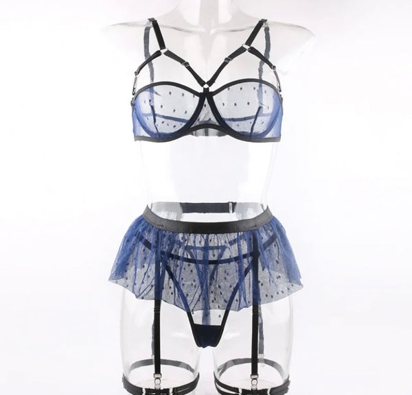 Women Sexy Blue Mesh Lingerie Set