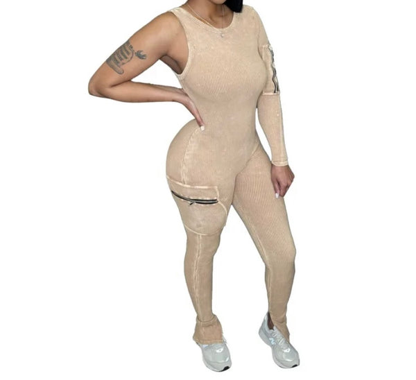 Women Fashion One Shoulder Full Sleeve Pocket Ribbed Jumpsuit