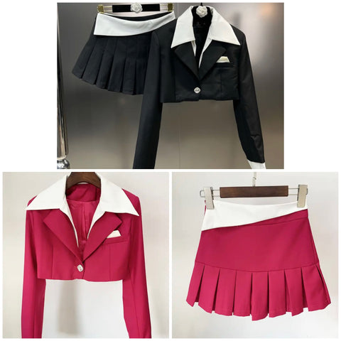 Women Color Patchwork Blazer Two Piece Pleated Skirt Set