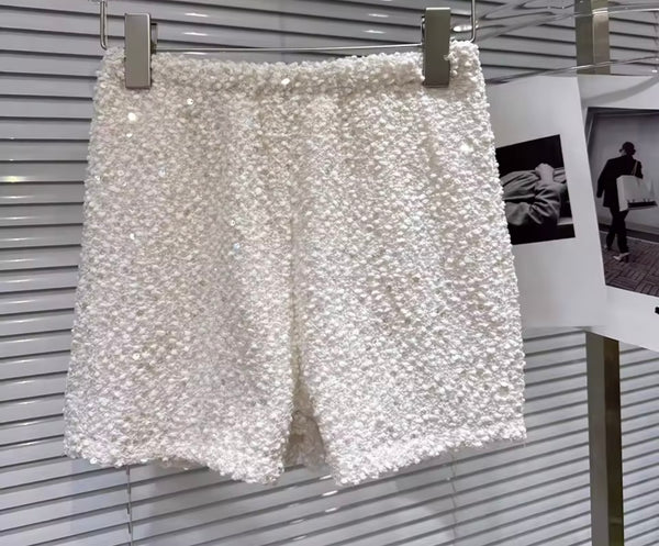 Women White Sequins Fashion Three Piece Short Set