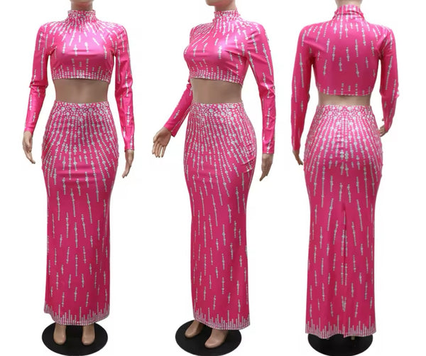 Women Sexy Bling Turtleneck Full Sleeve Crop Two Piece Maxi Skirt Set