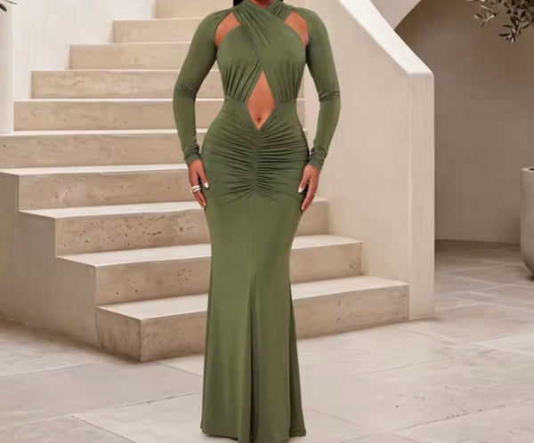 Women Sexy Halter Cut Out Full Sleeve Maxi Dress