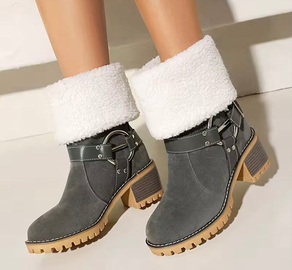 Women Fashion Color Suede Warm Furry Metal Ring Boots