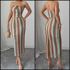 Women Sexy Strapless Colorful Striped Two Piece Maxi Skirt Set