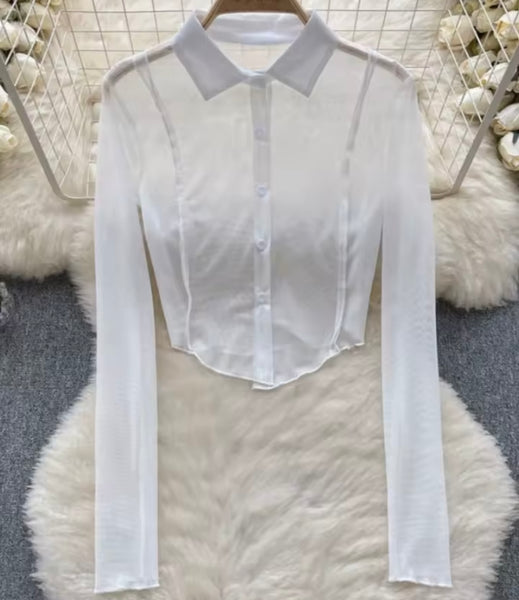 Women Fashion Collar Button Up Mesh Full Sleeve Top