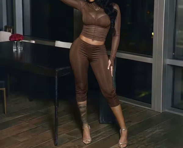Women Turtleneck Mesh Full Sleeve Crop Two Size Capri Pant Set