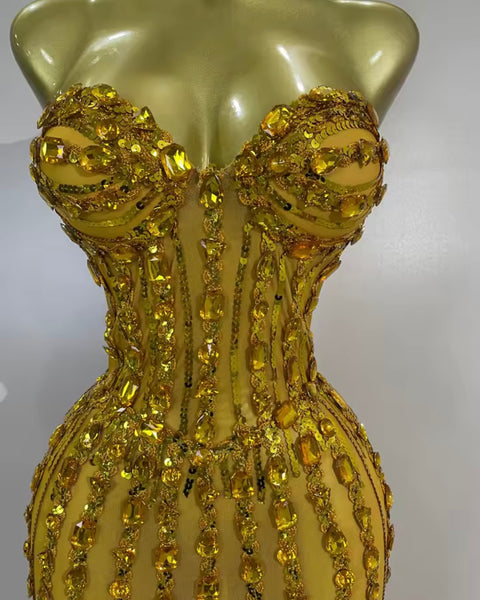 Women Sexy Strapless Rhinestone Mesh Maxi Dress