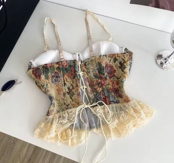Women Sleeveless Floral Ruffled Corset Top