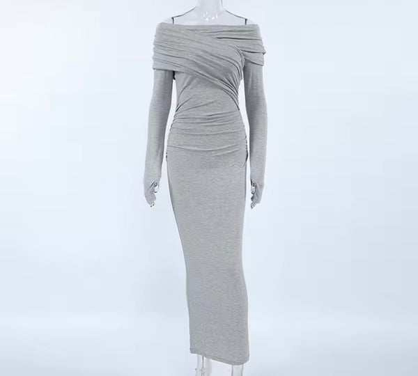 Women Sexy Gray Off The Shoulder Ruched Full Sleeve Dress