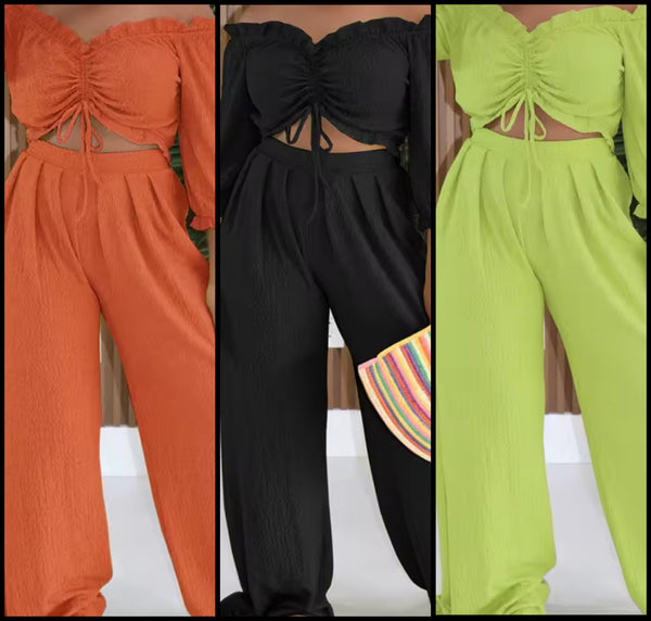 Women Off The Shoulder Full Sleeve Ruched Two Piece Pant Set