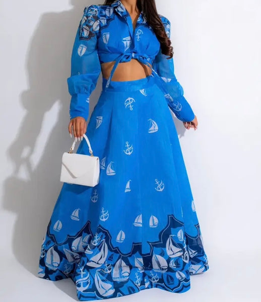 Women Printed Full Sleeve Sexy Two Piece Maxi Skirt Set