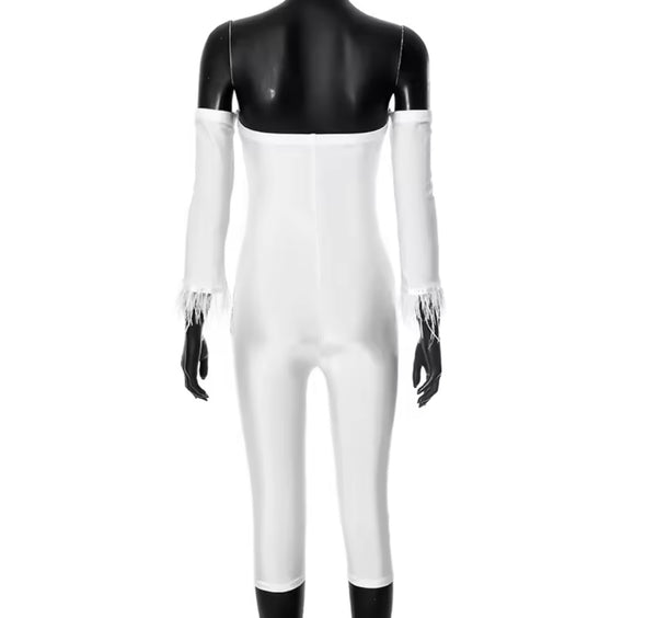 Women Sexy Strapless Feather Full Sleeve Romper