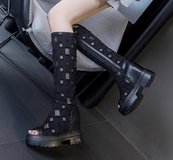 Women Open Toe Mesh Patchwork Fashion Platform Knee High Boots