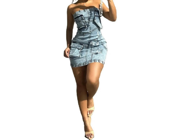 Women Sexy Fashion Strapless Denim Pocket Dress