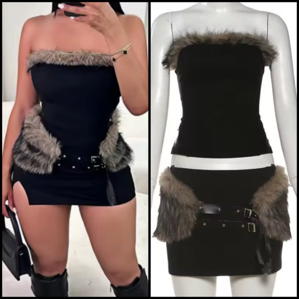 Women Strapless Fur Patchwork Two Piece Sexy Skirt Set