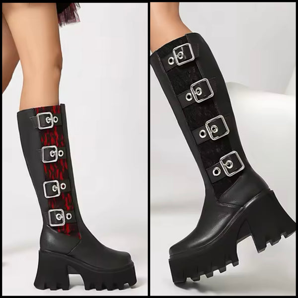 Women Fashion Lace Buckled Platform Knee High Boots