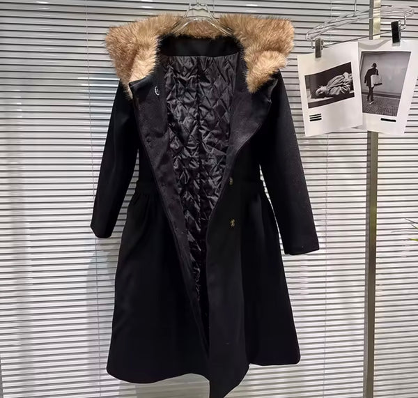 Women Faux Fur Patchwork Button Up Warm Wool Trench Jacket