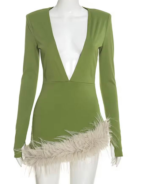 Women Sexy V-Neck Full Sleeve Asymmetrical Fur Patchwork Dress