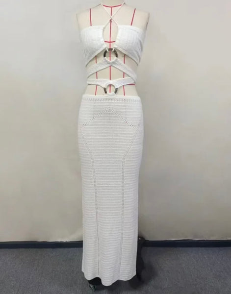 Women White Sexy Sleeveless Criss Cross Cut Out Knitted Maxi Dress