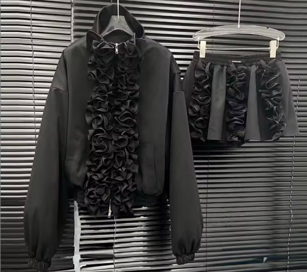 Women Fashion Black Ruffled Zip Up Jacket Two Piece Skirt Set