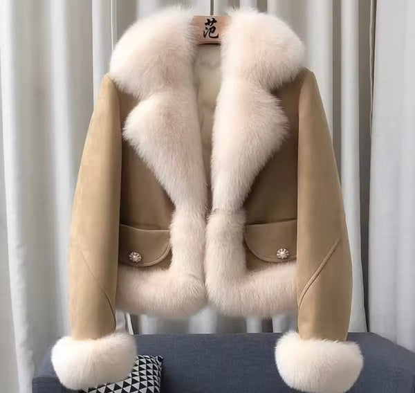 Women Fashion Faux Fur Suede Jacket