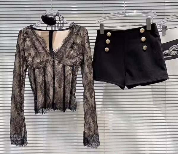 Women V-Neck Full Sleeve Lace Two Piece Button Short Set