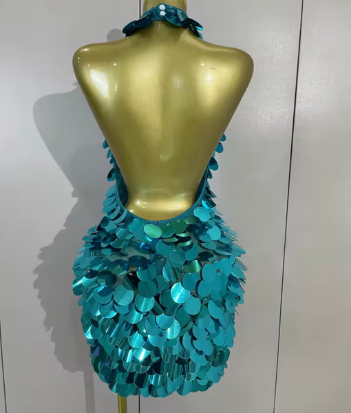 Women Sexy Sequins Halter Sleeveless Open Back Dress