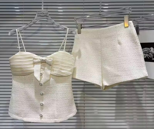 Women Sleeveless Bow Button Up Two Piece Tweed Short Set