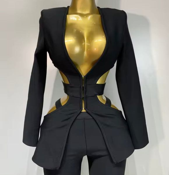 Women Black Fashion Hollow Out Full Sleeve Blazer Two Piece Pant Set