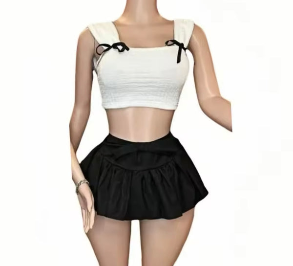Women Sexy B&W Bow Short Sleeve/Sleeveless Two Piece Skirt Set