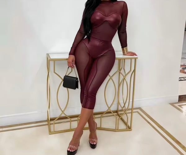 Women Sexy Fashion PU Mesh Patchwork Full Sleeve Capri Jumpsuit