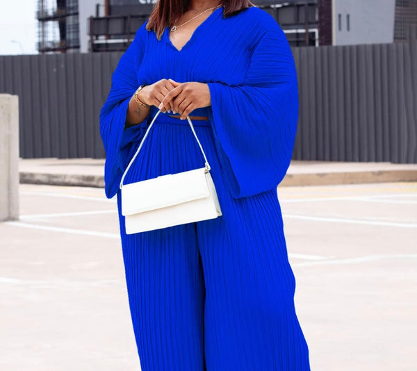 Women Sexy Fashion Full Sleeve Pleated Two Piece Pant Set
