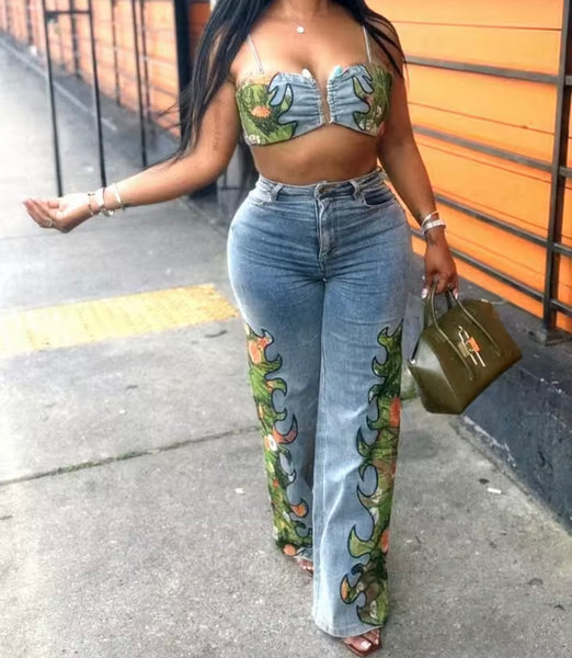 Women Sexy Printed Sleeveless Crop Two Piece Denim Pant Set