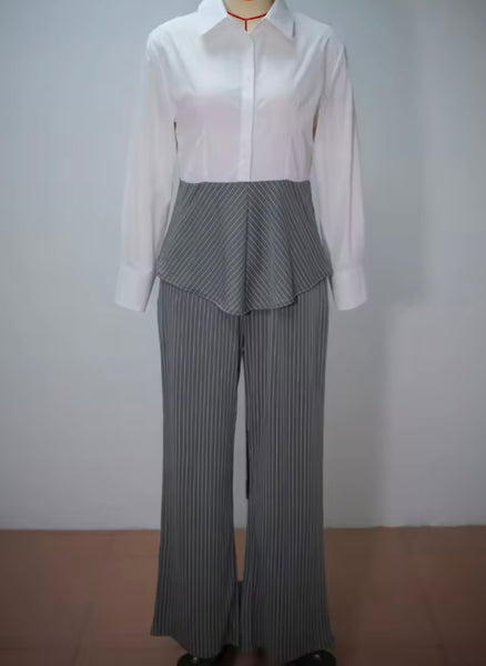 Women Collar Button Up Striped Two Piece Pant Set