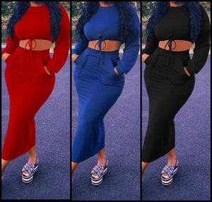 Women Fashion Full Sleeve Drawstring Crop Two Piece Maxi Skirt Set