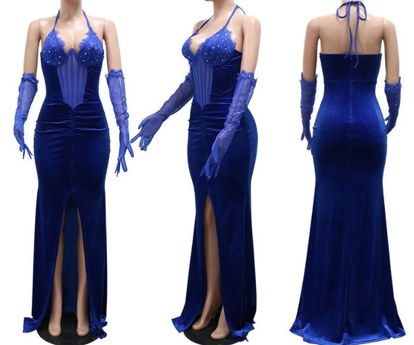 Women Sexy Halter Sleeveless Bling Mesh Patchwork Glove Velour Maxi Dress