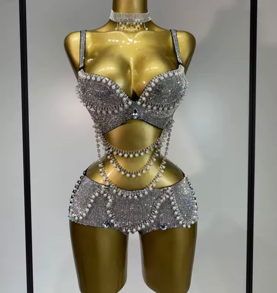 Women Sexy Sleeveless Choker Pearl Bling Rhinestone Two Piece Short Set