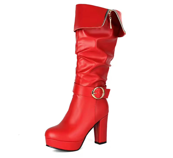 Women Round Toe Zip Up Buckle Platform High Heel Boots