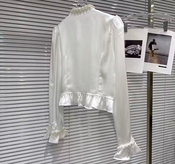 Women Ruffled Bling Button Up Bow Tie Full Sleeve Fashion Top