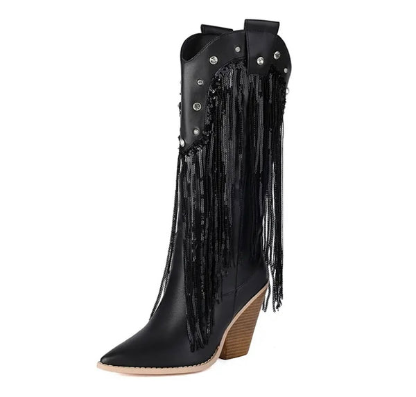Women Fashion Bling Tassel Western Boots