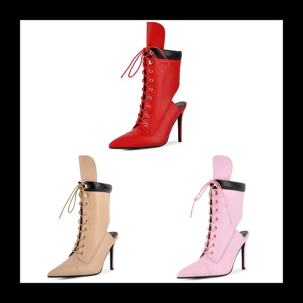 Women Fashion Pointed Toe Lace Up Cut Out High Heel Ankle Boots