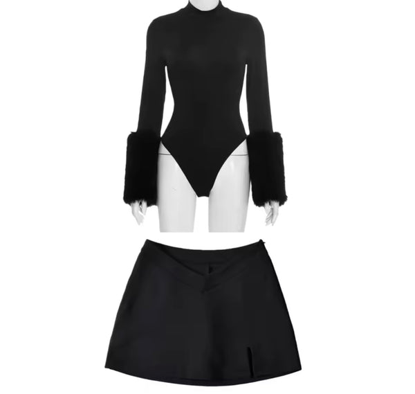 Women Fur Full Sleeve Bodysuit Fashion Two Piece Skirt Set