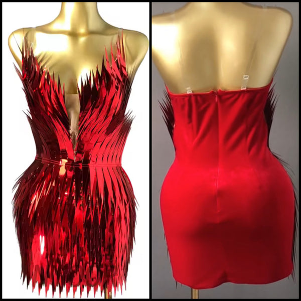 Women Red Strapless Sexy Mirror Dress
