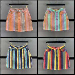 Women Multicolored Striped Fashion Denim Skirt