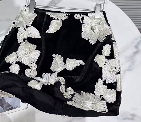 Women Button Up Ruffled Full Sleeve Two Piece B&W Skirt Set