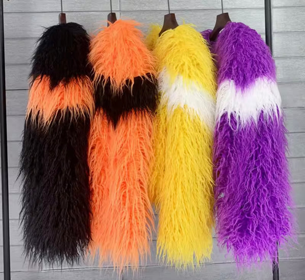 Women Fashion Color Patchwork Striped Faux Fur Sweater Top
