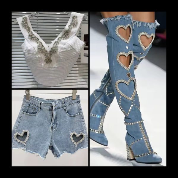 Women Fashion Denim Heart Bling Knee High Boots